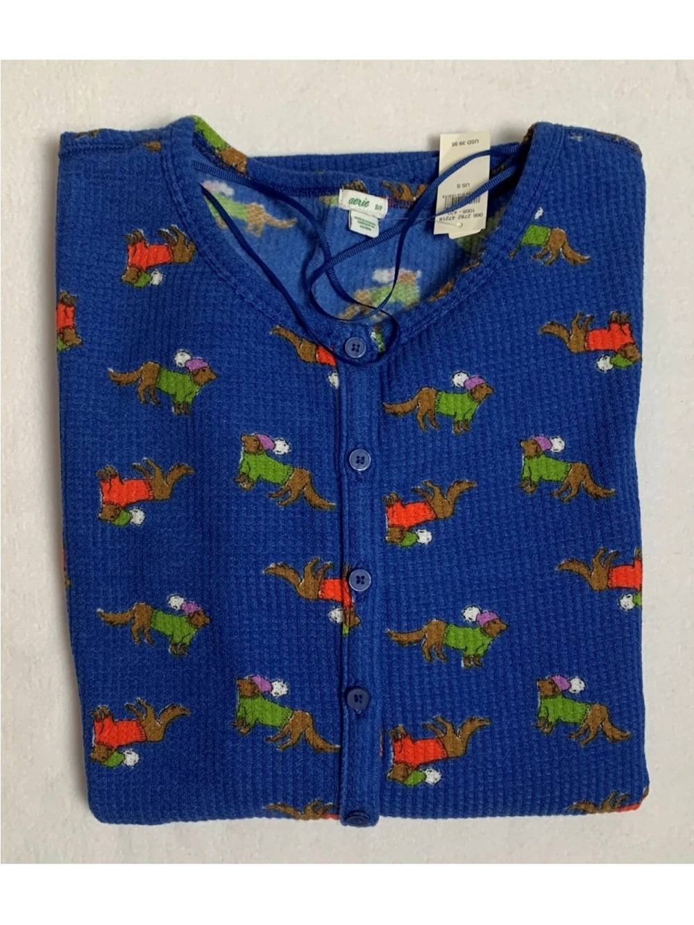 Aerie Thermal Waffle Knit Dachshund Dog Print Pajama Set Blue - Picture 2 of 16